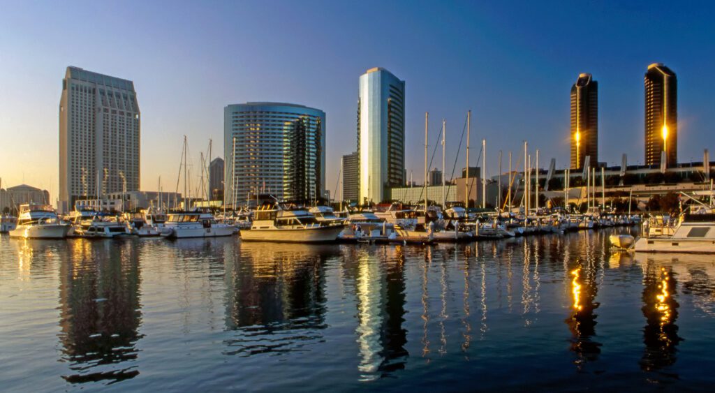 Skyline View of San Diego with Skyscrapers and a Marina of Boats
