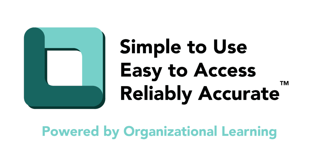 Organizational Learning Green Box Logo with the Slogan, Simple to Use, Easy to Access, Reliably Accurate for Learning and Development Programs